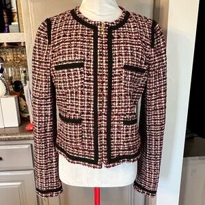 MNG By Mango Tweed Zip Front Blazer Jacet in Red, Black, and White